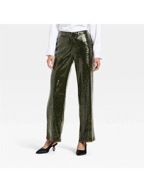 A New Day Olive Green Sequin Lined Straight-Leg Pants Size L